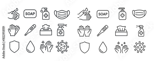 Hygiene icons: handwashing, soap, mask, thermometer, sanitizer, virus prevention