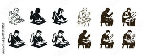 Silhouette icons of people writing and reading in various poses