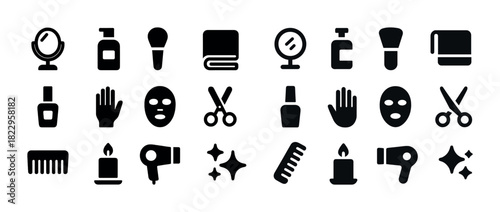 Set of beauty and grooming icons: mirror, lotion, makeup, comb, candle, hair dryer