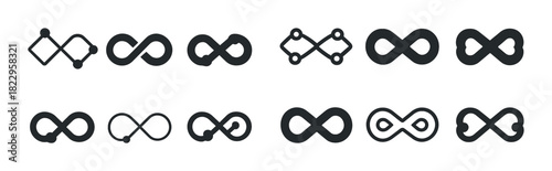 Set of diverse infinity symbols in black and white designs