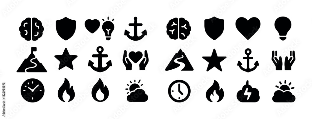 Obraz premium Collection of black silhouette icons: brain, shield, heart, anchor, light bulb