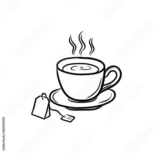 Hand Drawn Steaming Teacup with Tea Bag Doodle