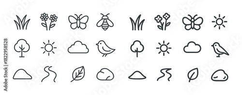 Minimal nature icons set featuring plants, animals, and weather symbols