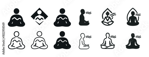 Meditation icon set: diverse styles of meditative poses