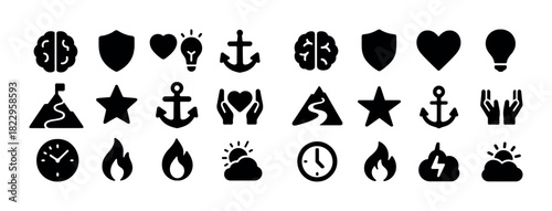 Collection of black silhouette icons: brain, shield, heart, anchor, light bulb