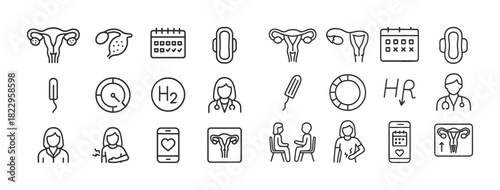 Line art icons of gynecological health: doctor, uterus, ovary, menstrual cycle