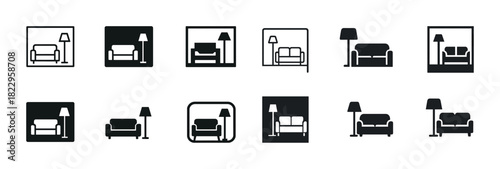 Sofa and lamp icons in various styles and compositions