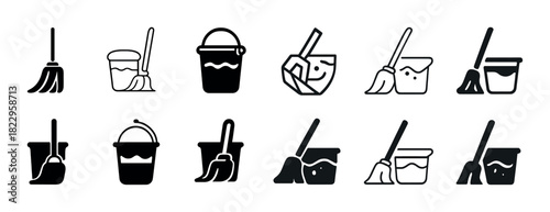 Set of cleaning tools icons: mop, bucket, pail, brush in various styles