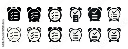 Alarm clock checklist icons set in black and white
