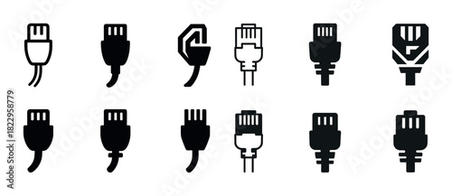 Set of different cable and connector icons in black and white
