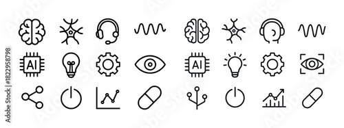 Artificial intelligence and technology icons: brain, circuit, lightbulb
