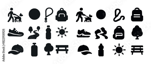 Silhouettes of outdoor activities and accessories for walking and hiking
