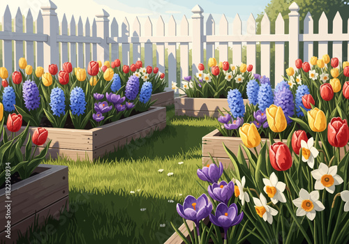Tulip Garden Flower Bed Vector Illustration – Spring Blooming Tulips In Sunlit Backyard Landscape