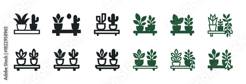 Set of indoor potted plant icon variations in black and green