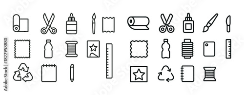Set of crafting and stationery icons featuring scissors, ruler, glue, and more