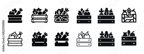 Set of vegetable icons in crates: black and white illustrations