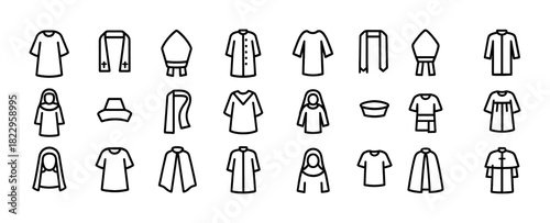 Simple line art icons of religious clothing and accessories