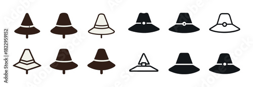 Collection of wizard and pilgrim hat icons in various styles