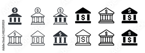 Bank icons with dollar sign in various styles and color variations