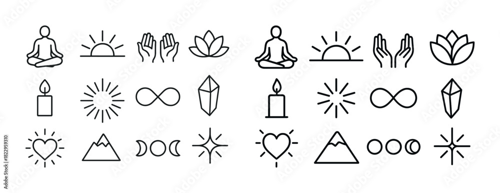 Fototapeta premium Set of minimalist wellness icons: yoga, meditation, nature, and balance symbols