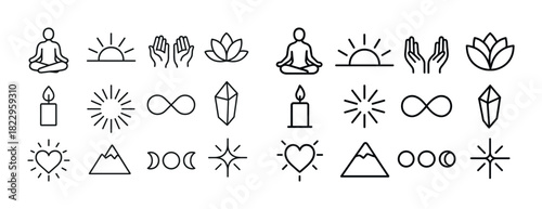 Set of minimalist wellness icons: yoga, meditation, nature, and balance symbols