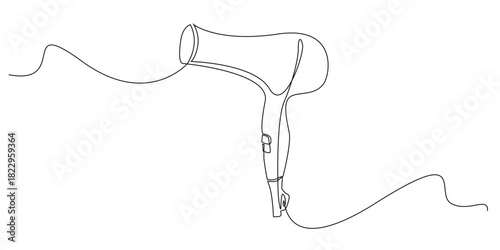 Continuous line drawing of a hair dryer.Single line illustration showing a handheld blow dryer in a simple minimalist style, symbolizing beauty care, hairstyling tools, and daily grooming routines.