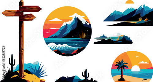 Colorful mountain ocean sunset landscape vector set with waves, palm tree, desert cactus and signpost