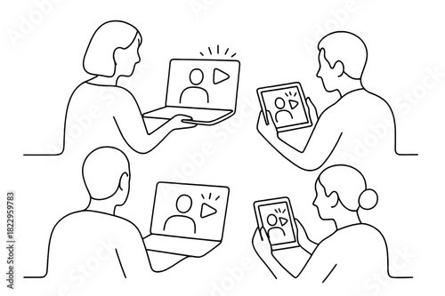 Minimalist Virtual Broadcast. Virtual Broadcast. Minimalistic one-line drawing people watching live stream on