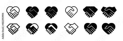 Collection of heart and handshake icons in various styles