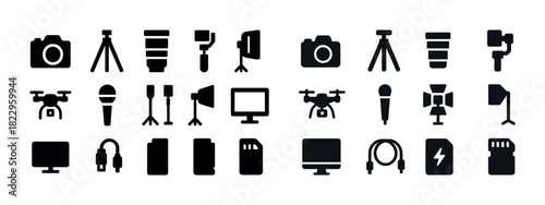 Photography and videography equipment icons: cameras, drones, microphones, lighting, monitors