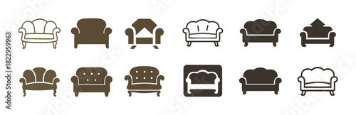 Set of twelve brown couch icons in various styles and designs