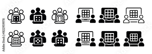 Collection of teamwork and collaborative meeting icons in black and white