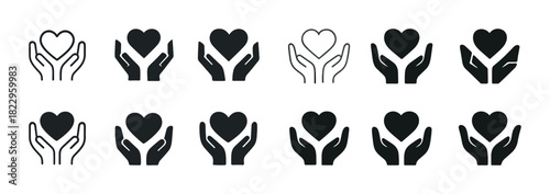 Hands holding heart icons in various styles on white background