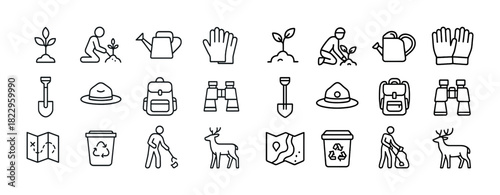 Outdoor activities and nature conservation icon set featuring planting and hiking elements