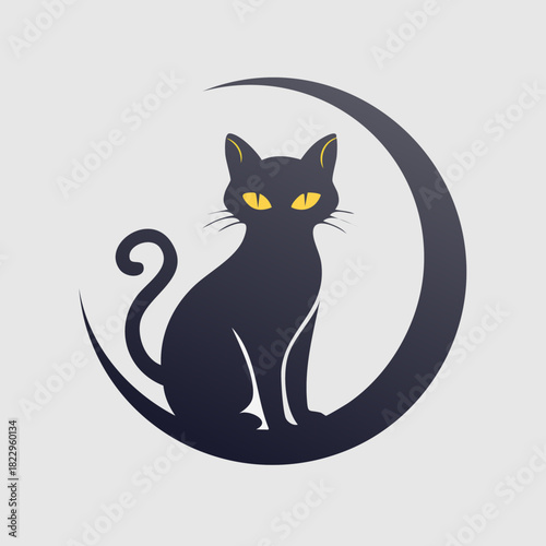 Black cat silhouette sitting on crescent moon, yellow eyes.