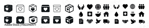 Charity and support icons set: donation, heart, community, assistance, solidarity symbols