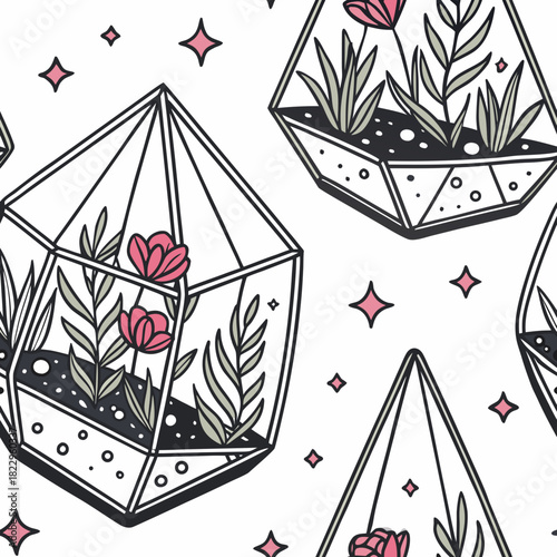 Seamless botanical pattern: Hand-drawn succulents, plants, and pink flowers in modern geometric glass terrariums (or polyhedrons/crystals). Aesthetic nature print for textile, fabric, paper, and creat