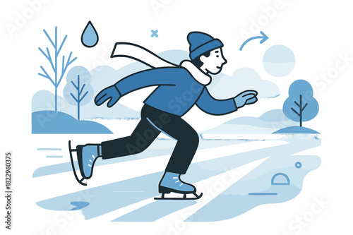 Misty Skater Morning. Frozen morning. Early skater gliding alone in misty light, long shadows stretching