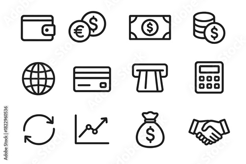 Money Transfer Icons. Money transfer icons. Line outline icon set of money transfer icons: wallet, currency
