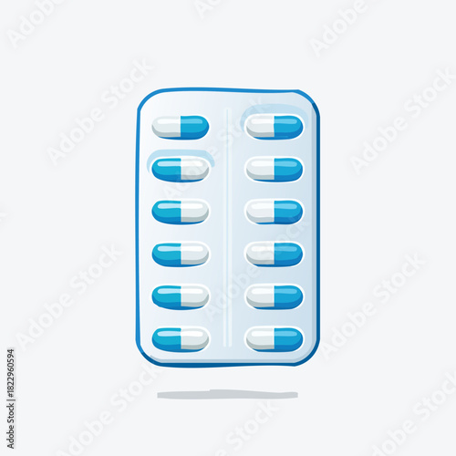 Blister pack of blue and white capsules for medical treatment.