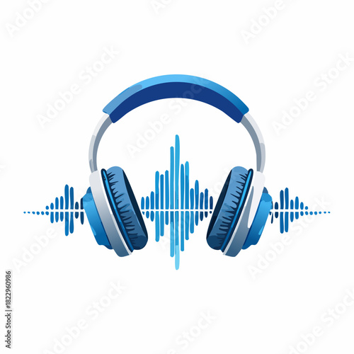 Blue Headphones with Sound Waves on White Background.