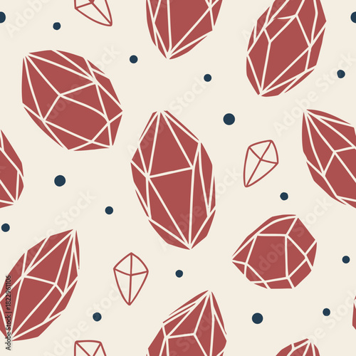 Seamless geometric pattern: Hand-drawn faceted crystal gems/minerals with white line detail scattered on a pale background with dark blue dots. Trendy modern jewelry print for fabric, paper, wallpaper