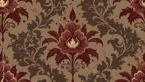 Ornate, distressed damask wallpaper with a rich, dark floral pattern in deep reds and earthy browns. Features a central stylized botanical crest with a modern, fiery emblem. Perfect for vintage, gothi