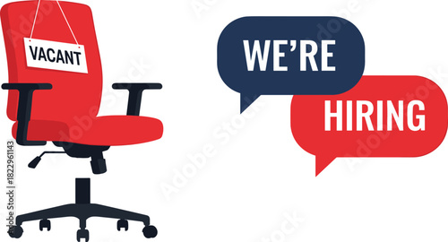 Vacant office chair with hiring announcement, recruitment job vacancy concept showing empty seat and we’re hiring message for employment opportunities