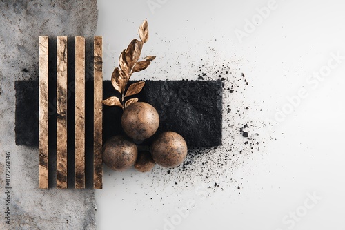 Elegant Still Life Composition with Gold Accents and Textured Elements