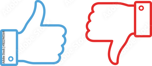 Thumbs up and thumbs down outline icons, like and dislike symbols for feedback, rating, social media, evaluation, approval and rejection