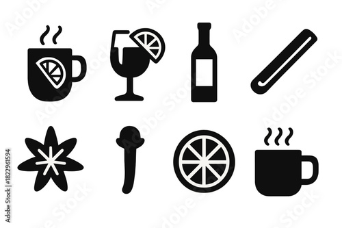 Mulled Wine Icons. Mulled wine with orange slices. Filled icon set of mulled wine with orange slices: steaming