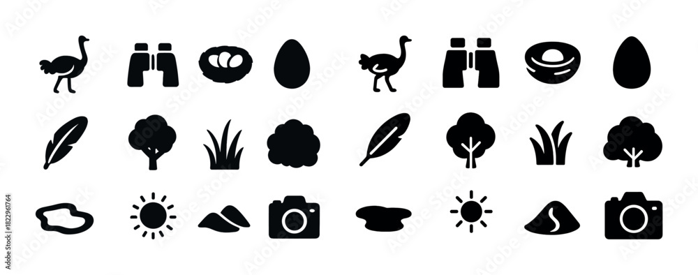 Fototapeta premium Birdwatching icons: ostrich, binoculars, eggs, feathers, nature