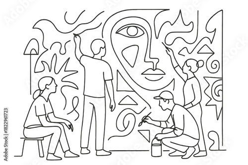 Mural Collaboration Art. Interactive Arts. Minimalistic one-line drawing group creating mural together