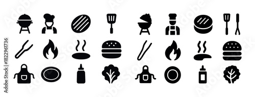 Barbecue icons set: grill, chef, burger, tools, fire, food elements